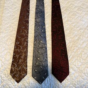 Alfani Set of 3 Ties. Brown, Gray & Burgundy Scroll Silk Tie Trio. Like New.